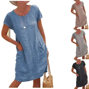 Women's Minimalist Basic Solid Short-Sleeve Cotton Linen Dress - Breathable, Comfortable, Loose-Fit, Essential Casual Wear Summer Midi with Pockets