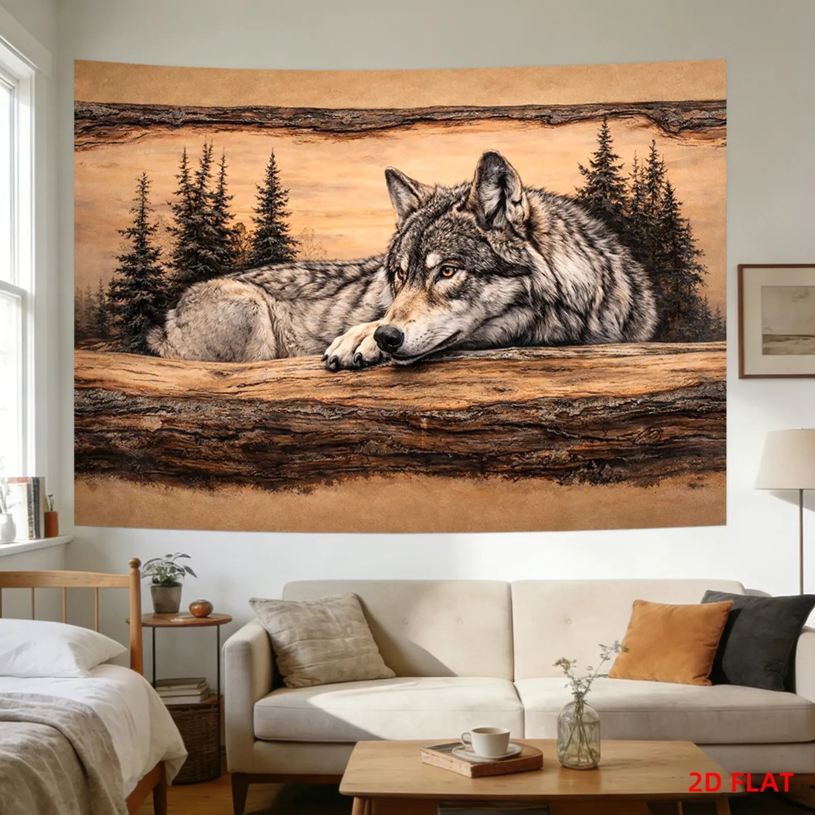 Wolf Tapestry  in a Wooded Forest with Pine Trees, Perfect for Decorating Walls in Living Rooms, Meditation Spaces, Offices, Or for Party Decor. It Does Not Glow in The Da