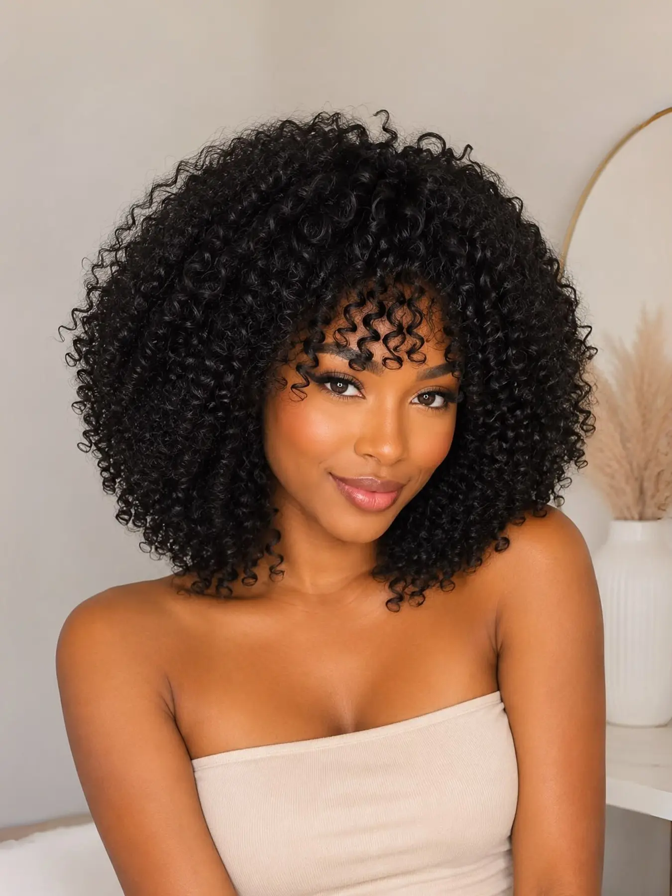 Afro Bomb Curly Wigs for Women, Kinky Curly Wig with Bangs, Short Curly Synthetic Wigs, Fluffy Natural Wig for Women