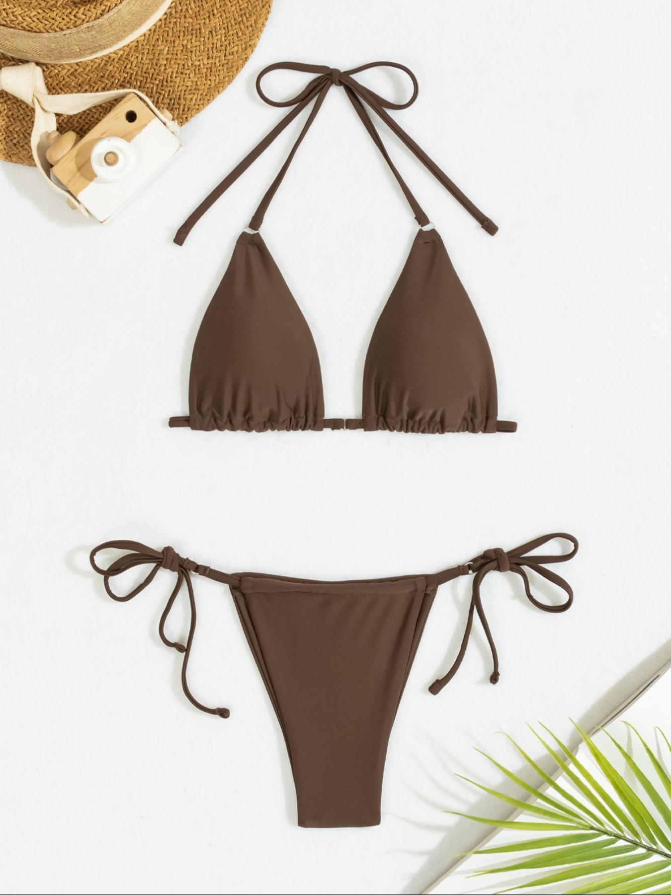 Mix & Match Sizing Solid Bikini Top/bottoms Bikini Set, Casual Halter Neck Backless Triangle Swim Top, Tie Side Swim Thong, Women's Summer Swimwear, Bikinis Sets, Bikini Outfits
