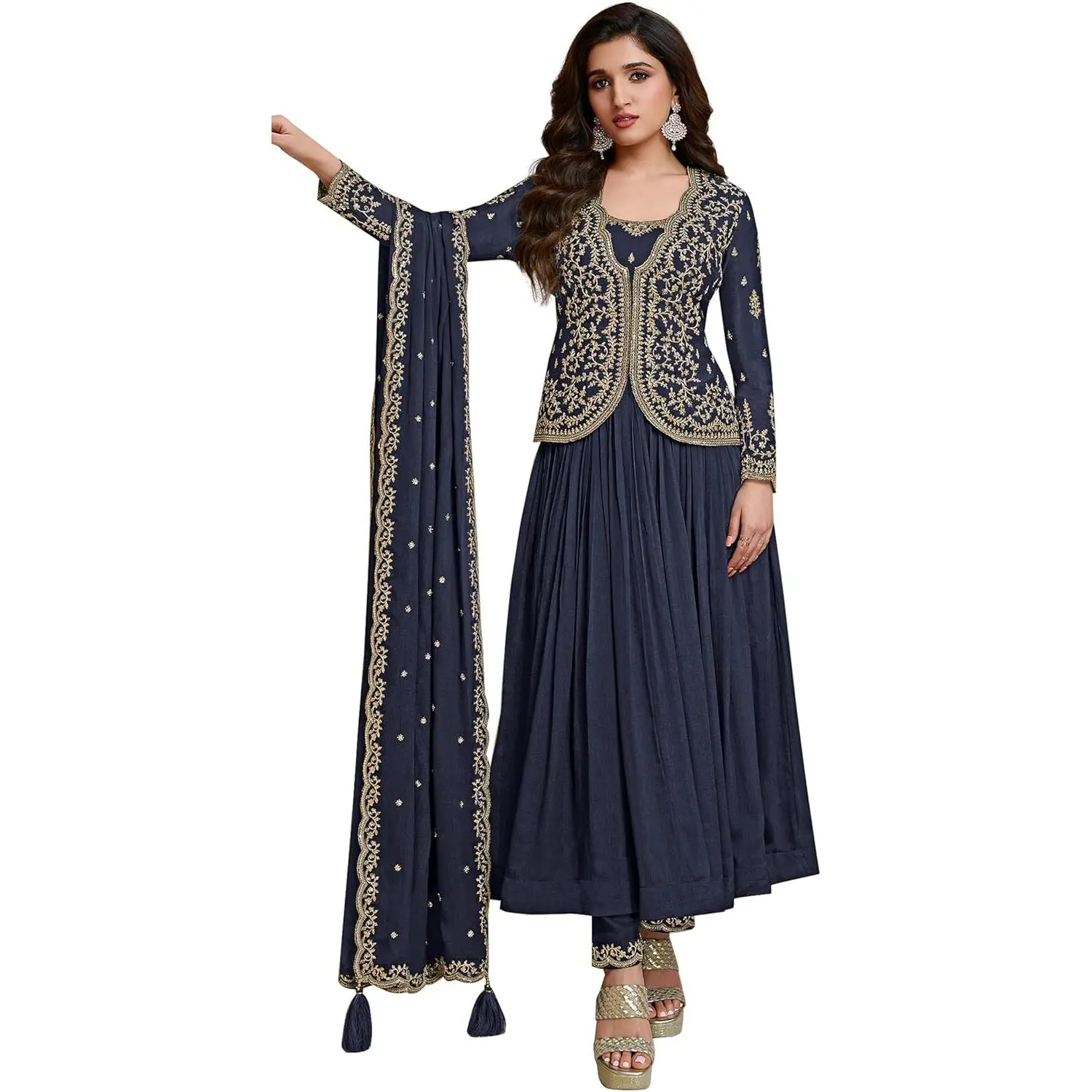 Women's Silk Blend Embroidery Alia Cut Kurta Pant Set with Dupatta