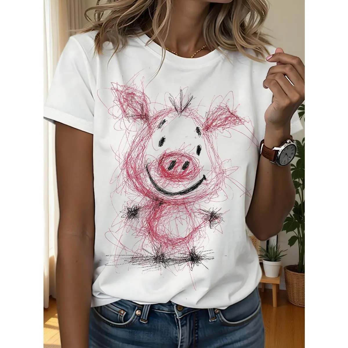 Women's Seamless Twist Short-Sleeve Matching T-Shirt Pieces - Graffiti Sketch Cat & Pig Designs, Cute Hand-Drawn Piggy & Cool Glasses Cat, Comfortable Casual Artistic Outfits for BFFs' Daily Wear, Shortsleeve, Apparel, Cotton, Printed, Tshirt, Round Neck,