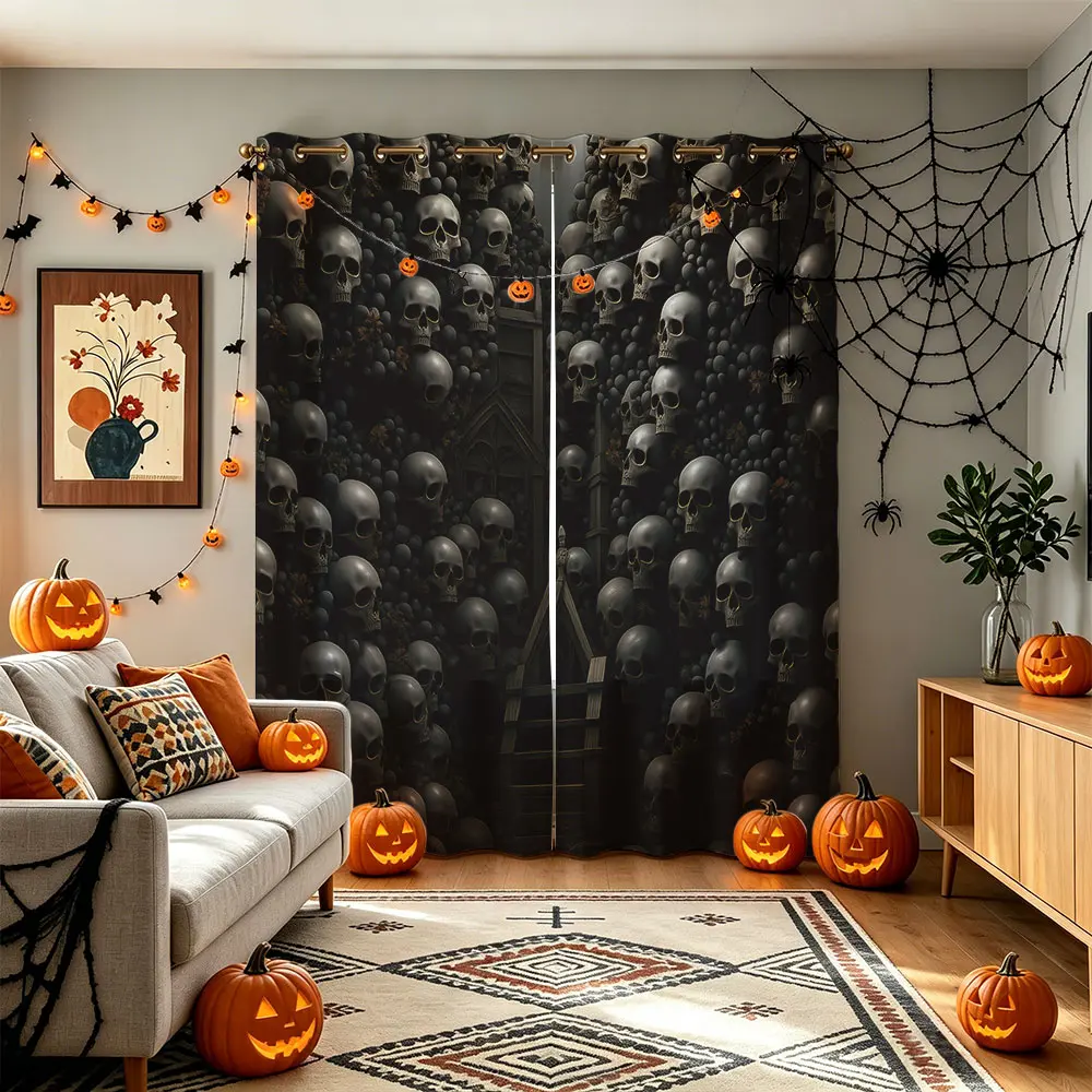 Dark Horror Halloween 2 Panel Blackout Curtains, All Over Skull Pumpkin Bat Print Window Drapes, Spooky Gothic Bedroom Decor Curtain