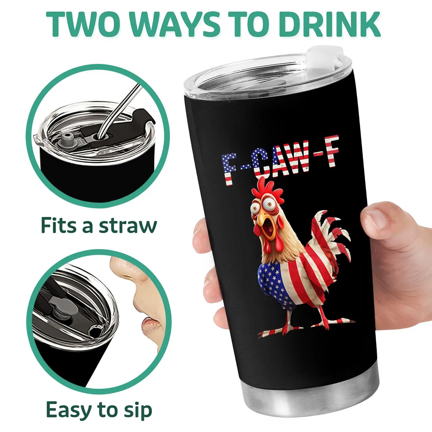 Funny Chicken F-CAW-F 20oz Stainless Steel Tumbler, Rooster Humor Meme & America Flag Pattern Tumbler Gifts for Coworkers Colleagues Workmates on Birthday Halloween Christmas, Coffee Cup For Hot Cold Beverage Tumbler Drinkware Flasks