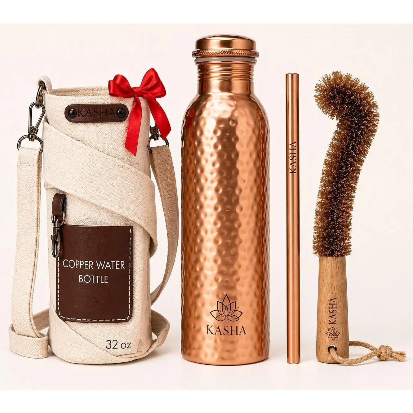 99.96% Pure Copper Water Bottle for Drinking,| Lab Tested|32 Oz|Leak Proof| Ayurvedic Pure Copper Bottle for Drinking Water|Copper Bottle With Canvas Carry Bag, Straw & Brush| Copper vessel For Yoga