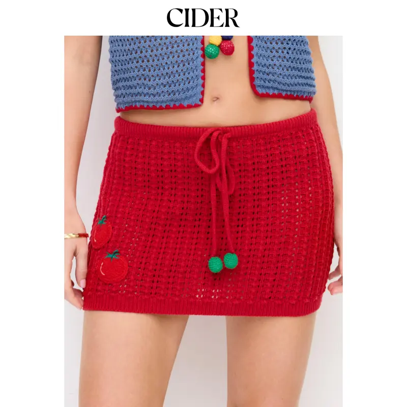 Cider Crochet Knit Mid Rise Tomato Applique Bodycon Mini Skirt