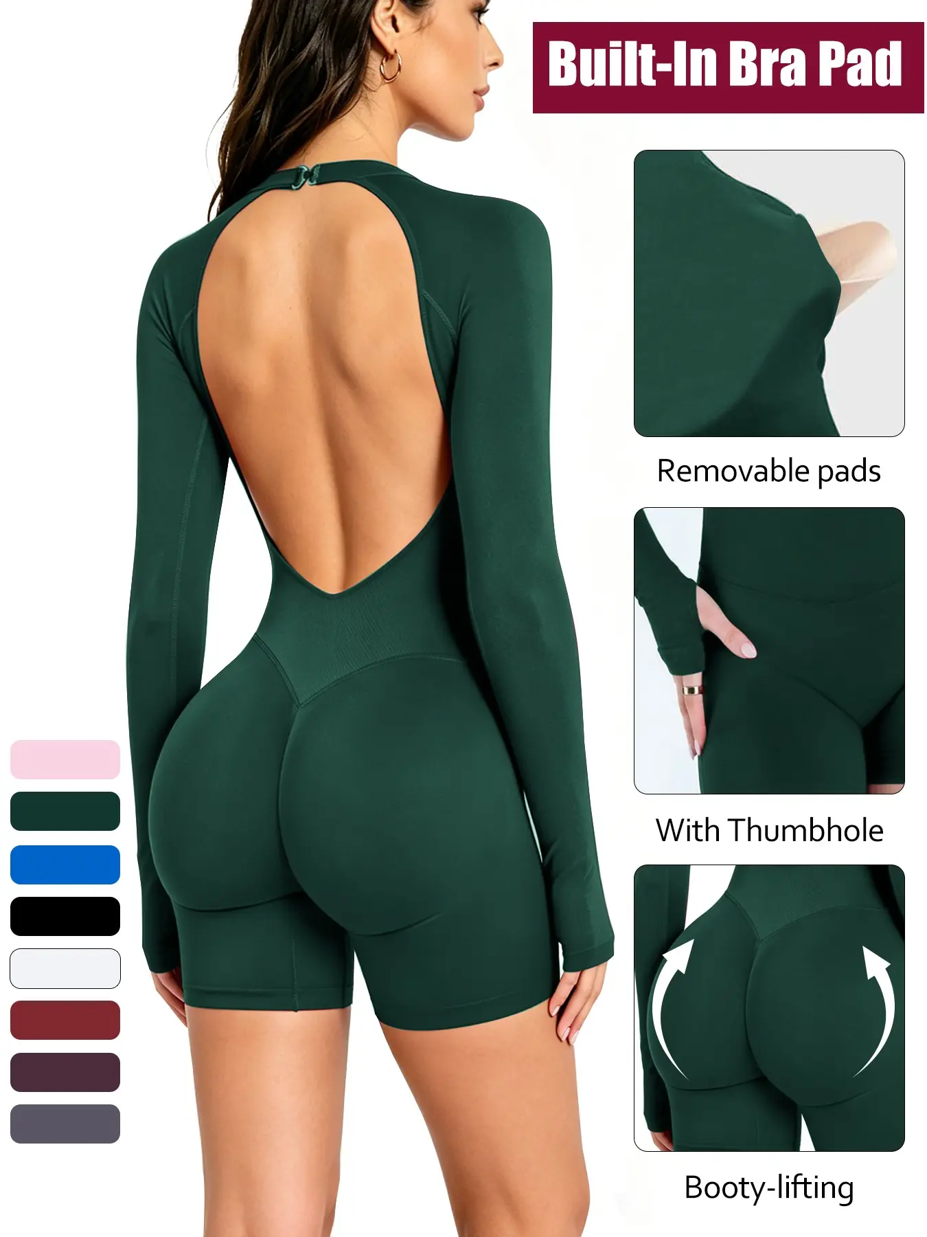 Long Sleeve Seamless Halter Bodysuit Jumpsuit with Shorts – Large Backless, Snap design,Quick-Dry Breathable Fitness Bodysuit with Hand-Cover Sleeves, Sexy Figure-Flattering Hip-Lifting One-Piece for Sports, Fitness, Dance & Outdoor.