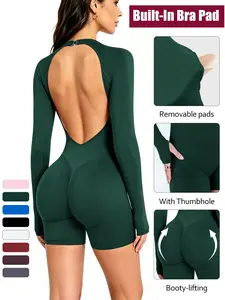 Long Sleeve Seamless Halter Bodysuit Jumpsuit with Shorts – Large Backless, Snap design,Quick-Dry Breathable Fitness Bodysuit with Hand-Cover Sleeves, Sexy Figure-Flattering Hip-Lifting One-Piece for Sports, Fitness, Dance & Outdoor.
