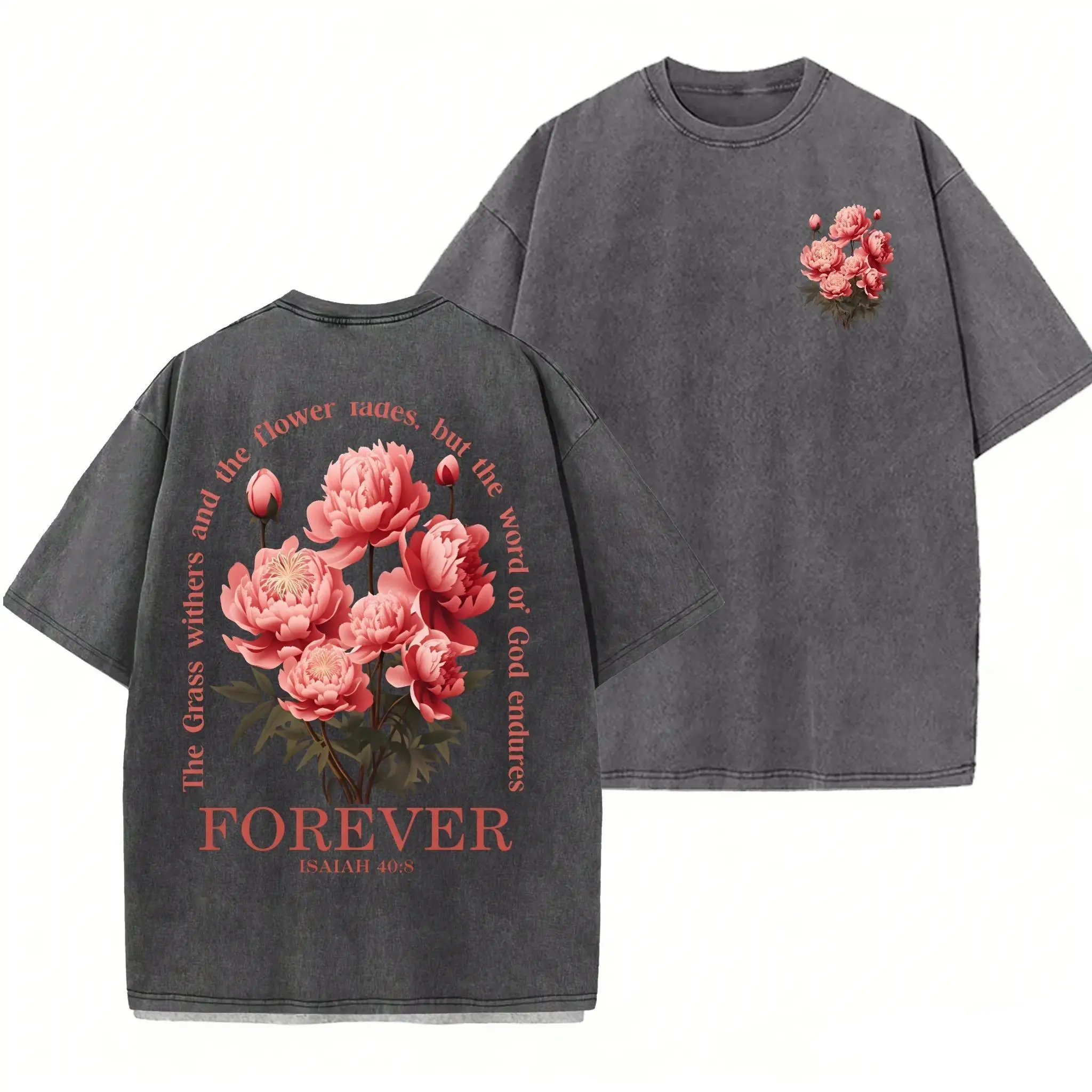 Isaiah 40:8 Peony Flower Vintage Washed T-Shirt, The Word of God Endures Forever Faith Print Tee, Retro Heavyweight Cotton Oversized Crew Neck Top, Religious Daily Casual Outfit