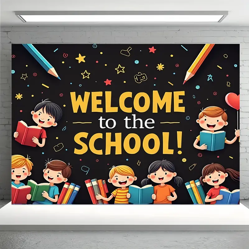 Back to School Cartoon Student Banner with Pencils, Balloons - Home Decor, Classroom Decoration for Indoor Parties, Photography