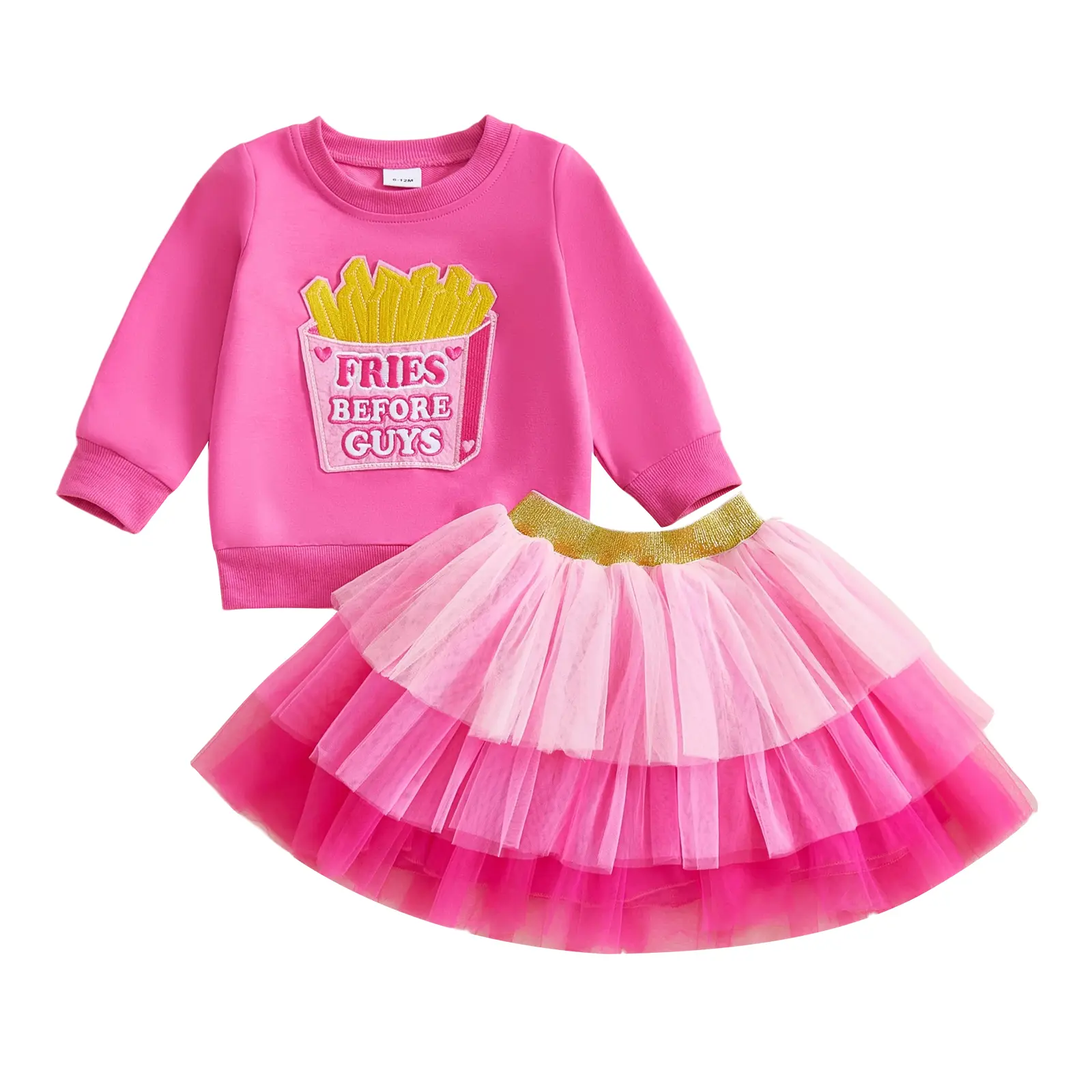 Canrulo 2pcs Baby Girls Sweatshirt Tutu Dress Toddler French Fries Letter Embroidered Top With Tulle Skirt Cute Long Sleeve Clothes Outfit