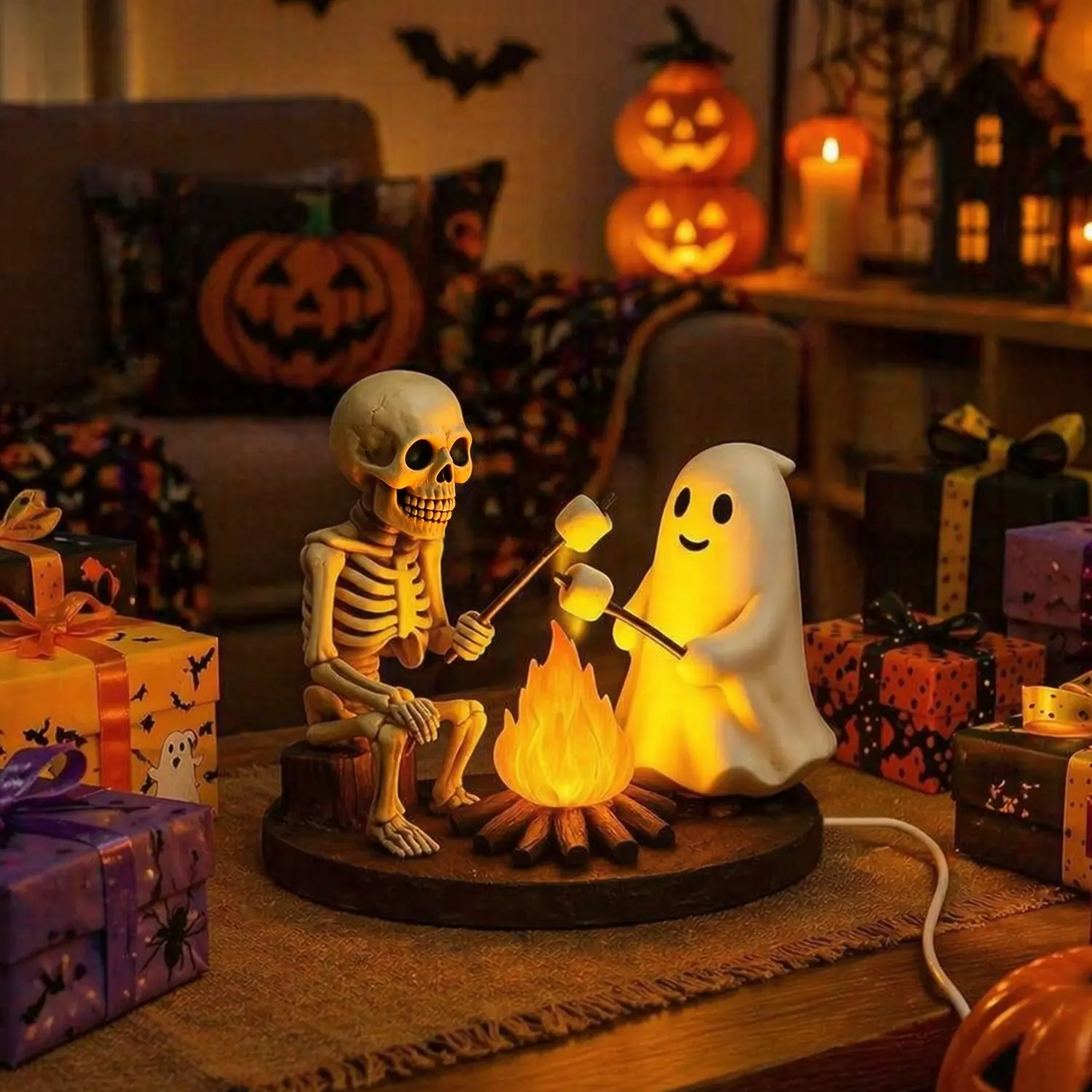Halloween Campfire Lamp Realistic Flashing Flame LED Decorative Light, Skull Ghost Statue Ornament for Halloween Home Decoration, Bedside Table Top Display