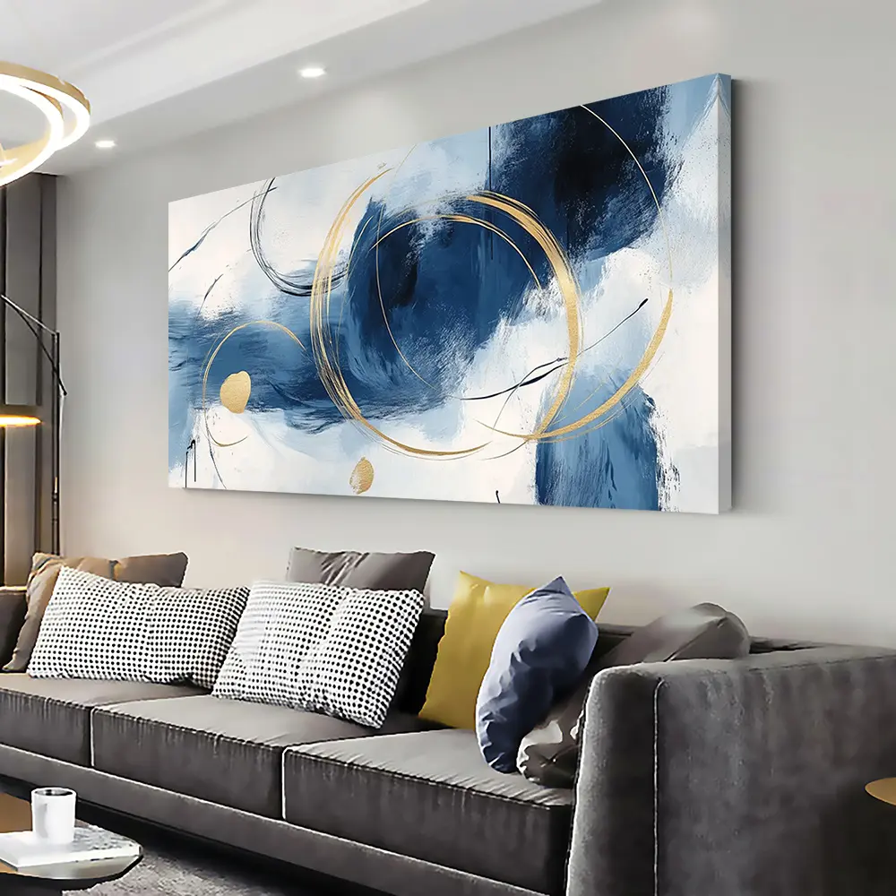 High-Quality Artistic Horizontal Abstract Art - 2D Modern Blue & Ashgold Framed Canvas Print, 1.5-in Border, Indoor Home Decor for Living Rooms, Office Wall Art Decoration