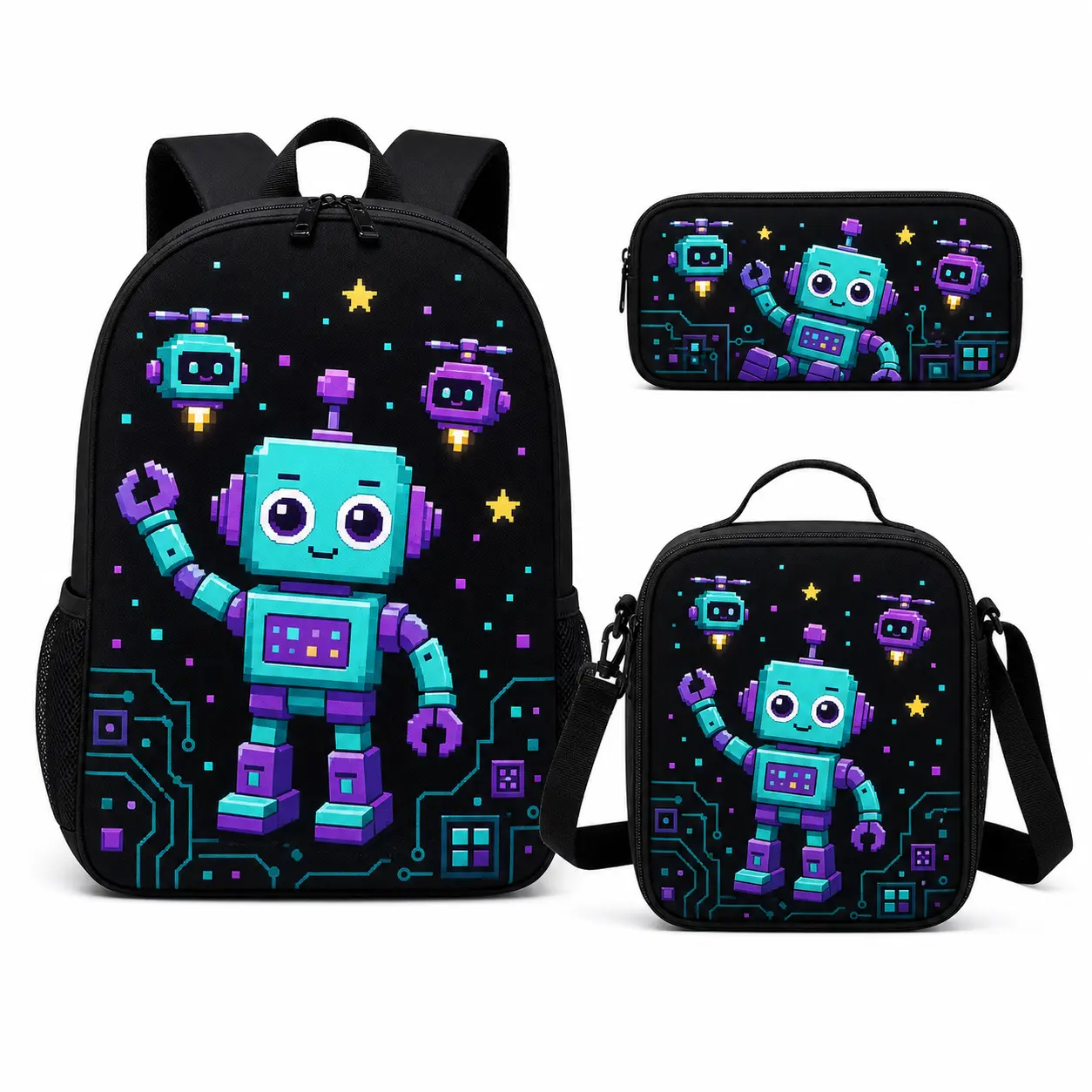3 Piece Kids Backpack Set with Lunch Bag and Pencil Case, Pixel Robot Space Cat Dinosaur Monster School Backpack, Gamer Bookbag with Padded Shoulder Straps and Side Mesh Pockets, Elementary Kids Daypack for Kindergarten, School, Travel and Daily Use