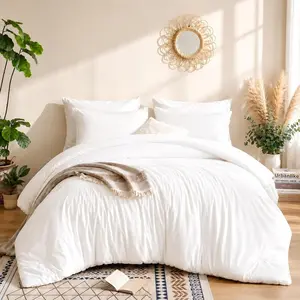 Queen Comforter Set White Boho Solid Color All Season Bedding Soft Lightweight Microfiber 3PCS Reversible Comforter Set (1 Comforter, 2 Pillowcases)