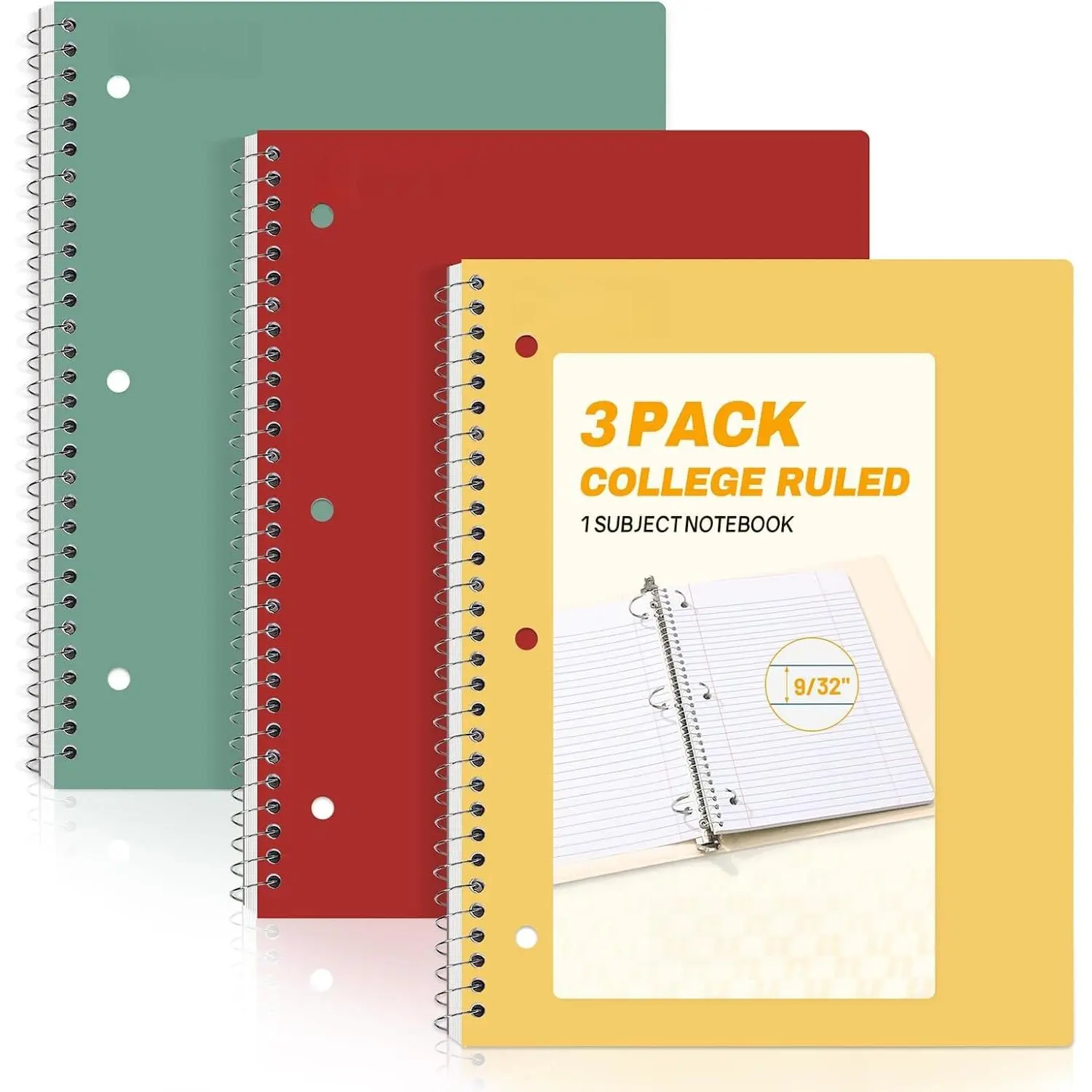 Spiral Notebooks, 3 Pack, 1-Subject, College Ruled Paper, 8" x 10-1/2", 70 Sheets per Notebook,  Colors Spiral Notebooks for School (Yellow, Red, Sage Green)