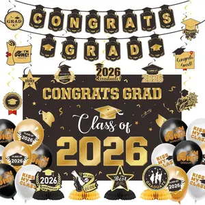 2026 Graduation Decorations Gold Themed Set - Class of 2026 Congrats Grad Banner, Balloons, Honeycomb and Streamers Kit for School and College Graduation Party Supplies