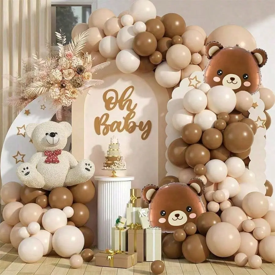 128 Piece Teddy Bear Theme Kids Party Balloon Set, Includes Arch Making Accessories, Perfect for Gender Reveal & Birthday Parties