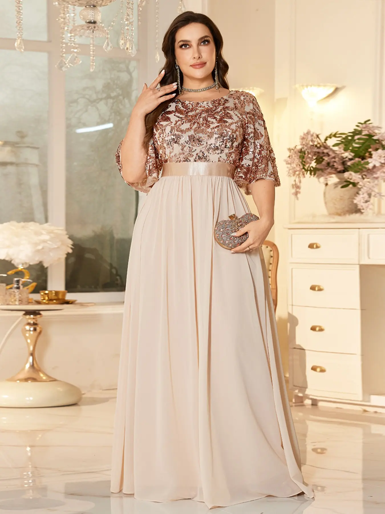 Round Neck Bubble Short Sleeve Heavy Sequin Evening Sequin Details Patchwork Chiffon High Waist Plus Size Formal Party Dress Long Skirt
