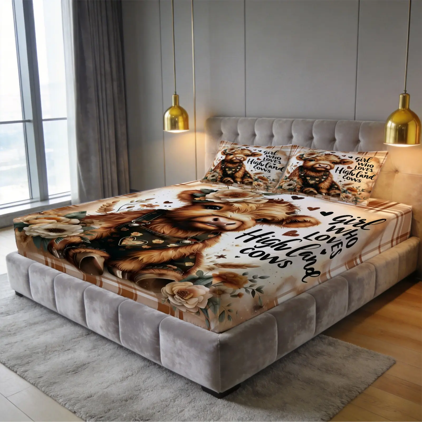Girl Who Loves Highland Cows Fitted Sheet 3 Pieces Set, Cute Highland Cow Floral Plaid Print 360° Elastic Deep Pocket Mattress Cover Bedding Set with 2 Pillowcases