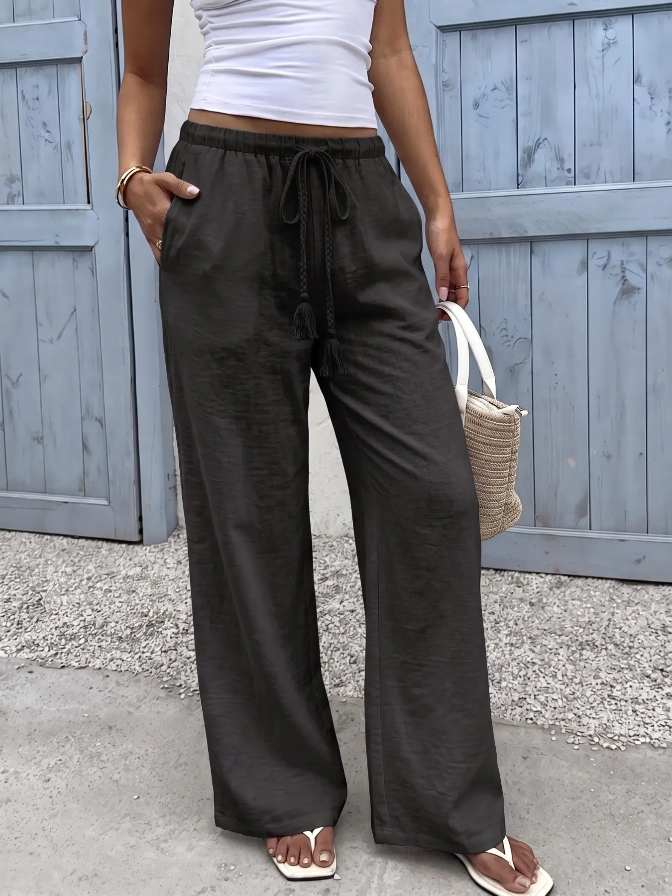 Women's Drawstring Elastic Waist Linen Texture Wide Leg Pants Loose Flowy Palazzo Trousers Lightweight Breathable Summer Beach Vacation Resort Travel Full Length Casual Lounge Pants 4 Colors Available Basic #widelegpants #quietluxury #oldmoney #cleanfit