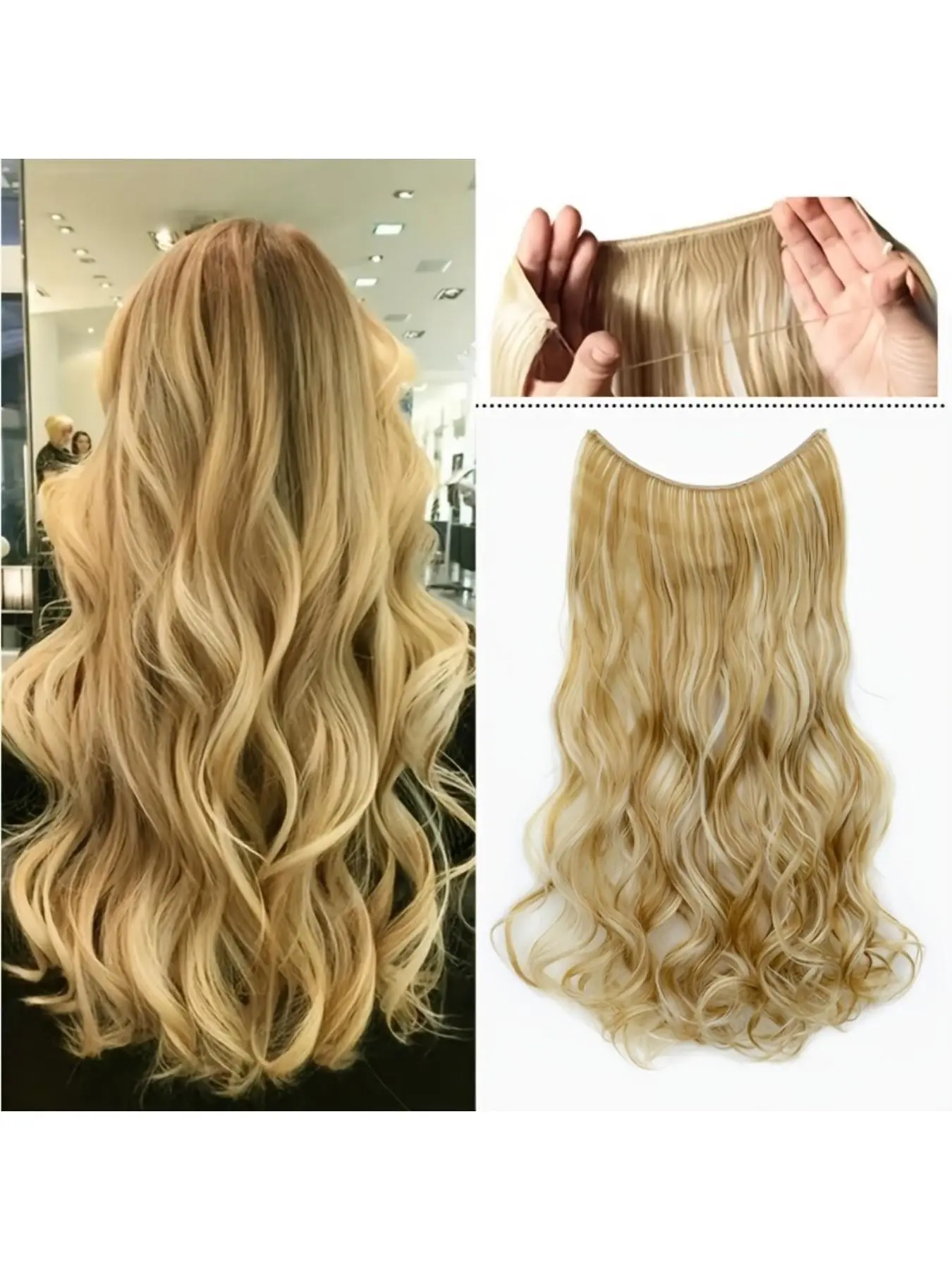 Invisible One Piece Hair Extensions 20 Inch Long Curly Wave Synthetic Hairpiece No Clip Halo Hair Extension Heat Resistant Fiber Instant Length Volume Boost Natural Looking for Women