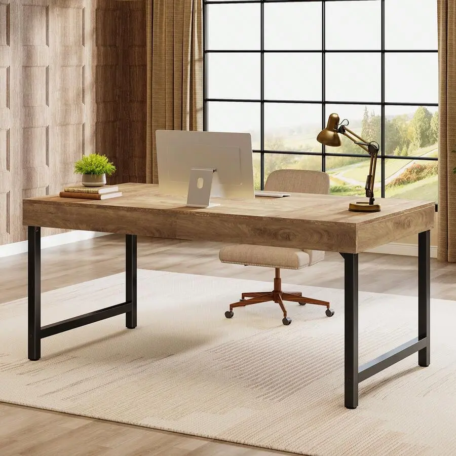 55" Executive Desk Home Office, Farmhouse Simple Computer Desk With Strong Metal Legs, Study Writing Table Business Workstation, Small Conference Table, Rustic Brown