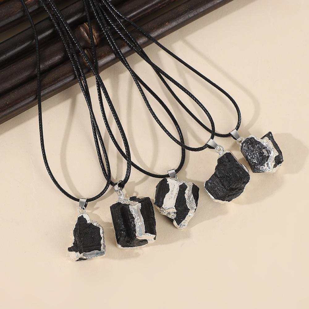 Natural Black Tourmaline Raw Stone Gold Plated Edge Pendant Necklace with Black Leather Cord, Healing Crystal Protection Jewelry, Trendy Minimalist Energy Stone Necklace for Men Women, Spiritual Negative Energy Cleansing Amulet for Daily Wear