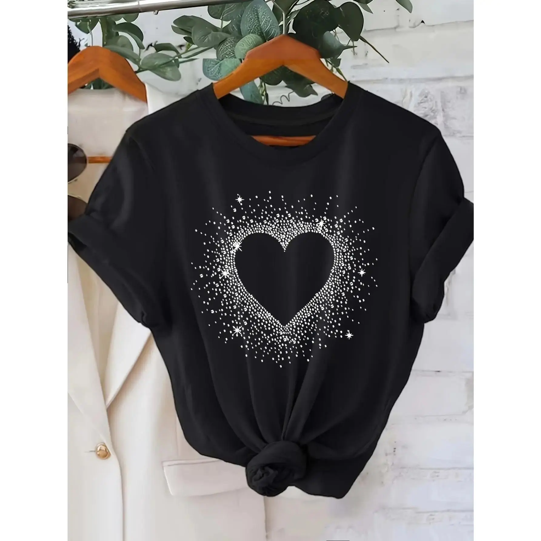 [Cotton T-Shirt] Cotton Women's White T-Shirt | Round Neck Short Sleeve Casual Top with Black Heart Dot Graphic Print - Breathable Comfort | Minimalist Design | Soft Fabric for Summer Parties & Casual Attire Printed Womenswear