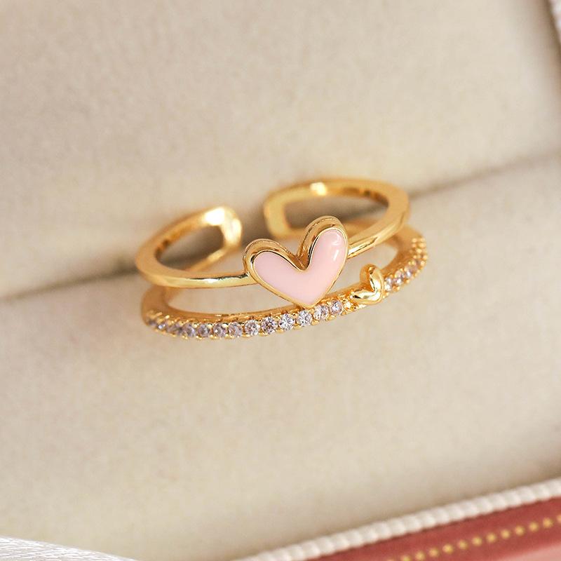 Spring and summer macaron-colored oil-drip flower heart ring with zircon inlay, open niche ring for women, personalized index finger ring