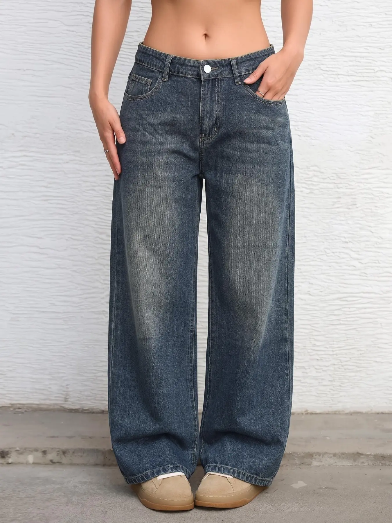 Vintage Denim Jeans Women's Fashion Straight Leg Pants, Loose Fit Casual Long Pants, All Seasons Wear, Plain Surface, Unlined