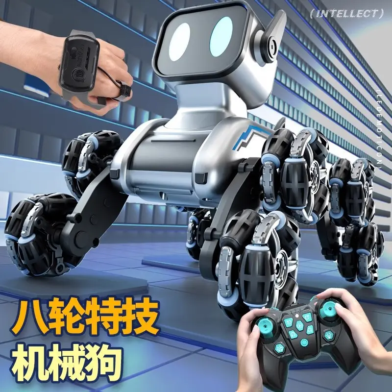 8WD Off-Road RC Car & Intelligent Interactive Robot Dog Toy - Plastic Robotics Toy with Gesture Sensing, Dancing, Stunt Performance, Handle + Watch Dual Control, Black & Blue, No Battery Needed, Kids Birthday Gift, Interactive Toy