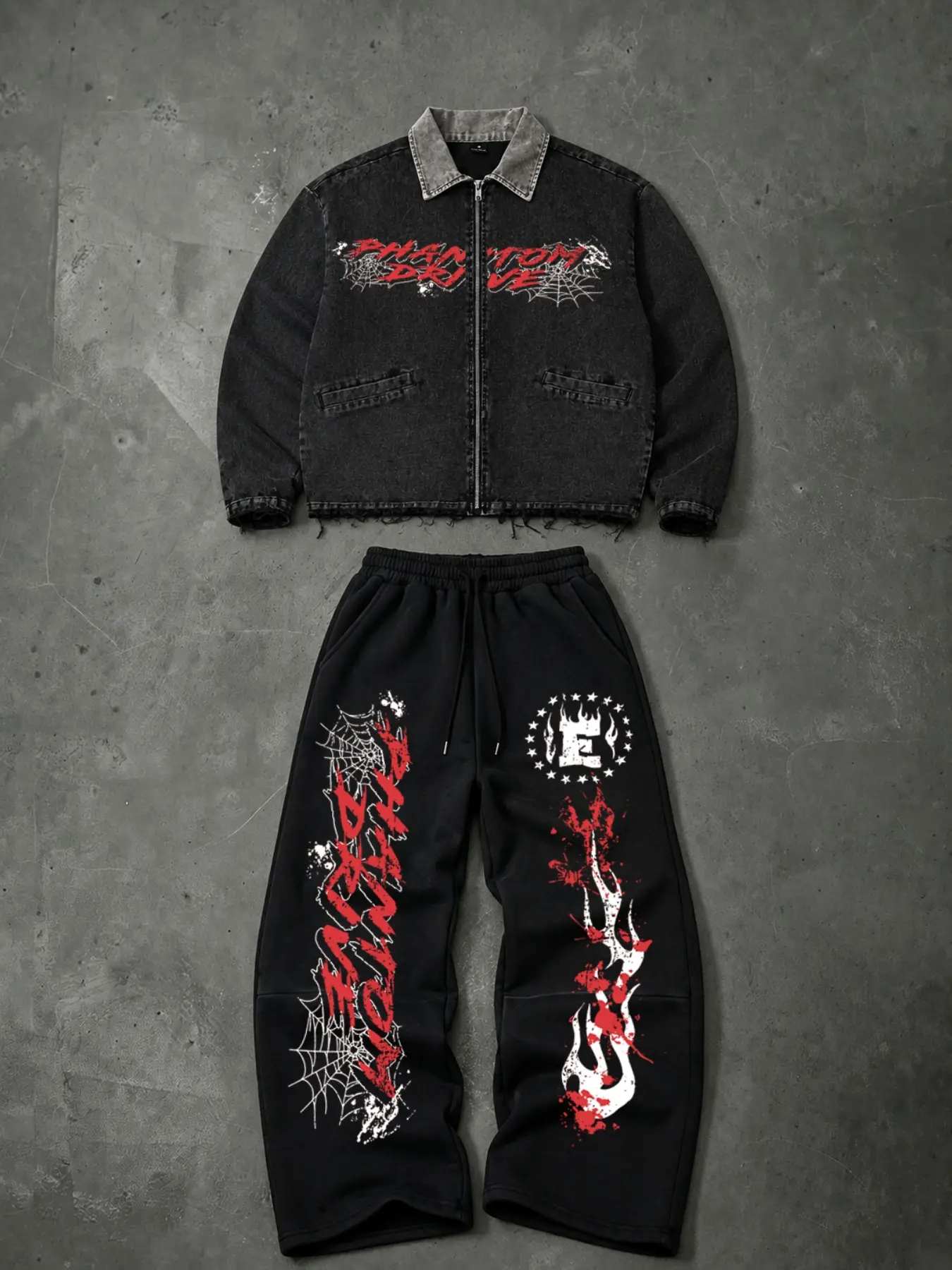 Gen Z Hip Hop Punk Matching Set Zip‑Up Cropped Denim Jacket Spider Web Flame Graffiti Print Raw Hem Jean Jacket Elastic Drawstring Wide Leg Sweatpants Heavyweight 2‑Piece Outfit Edgy Urban Streetwear for Teens Men Casual Street Outing Clothing Sets