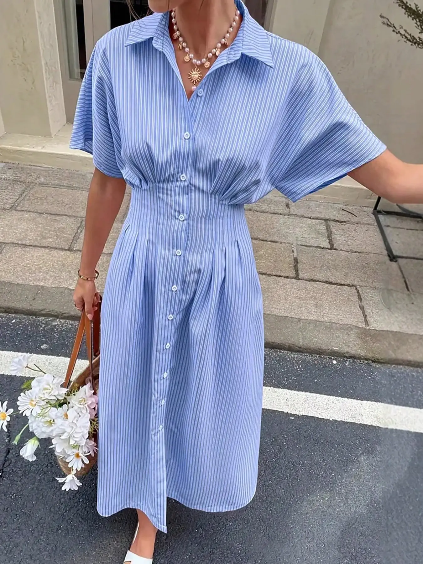 Blue Striped Shirt Dress Women Lapel Collar Button Front Short Sleeve High Waist Pleated Midi Dress Casual Summer Vacation Office Outfit Elegant Chic Bohemian Dress Boho Style Dresses Loose Fit A Line Dress