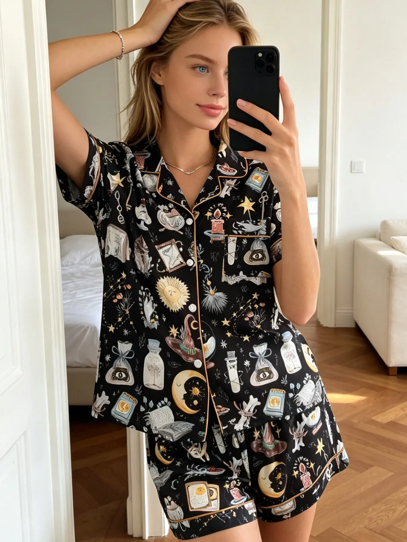 Women's Soft Comfortable Homewear Pyjama Set, Open Front Shirt Top & Shorts Combo, Casual Loungewear Set, All Seasons Casual Wear, Loose Fit, Pajama Set