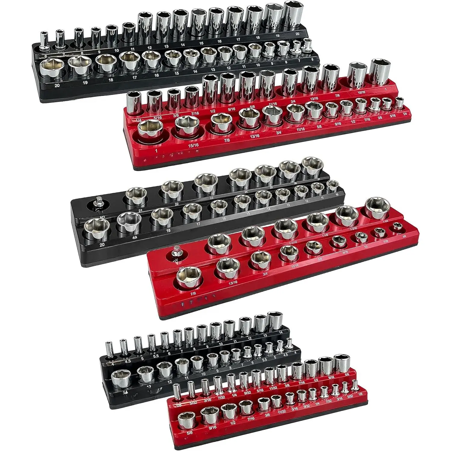 6-Piece Magnetic Socket Organizer Set, 1/2", 1/4" and 3/8" SAE & Metric Deep & Shallow Socket Holder Kit, holds 141 stanard Sockets, attaches to steel box/tool cart (sockets not included)