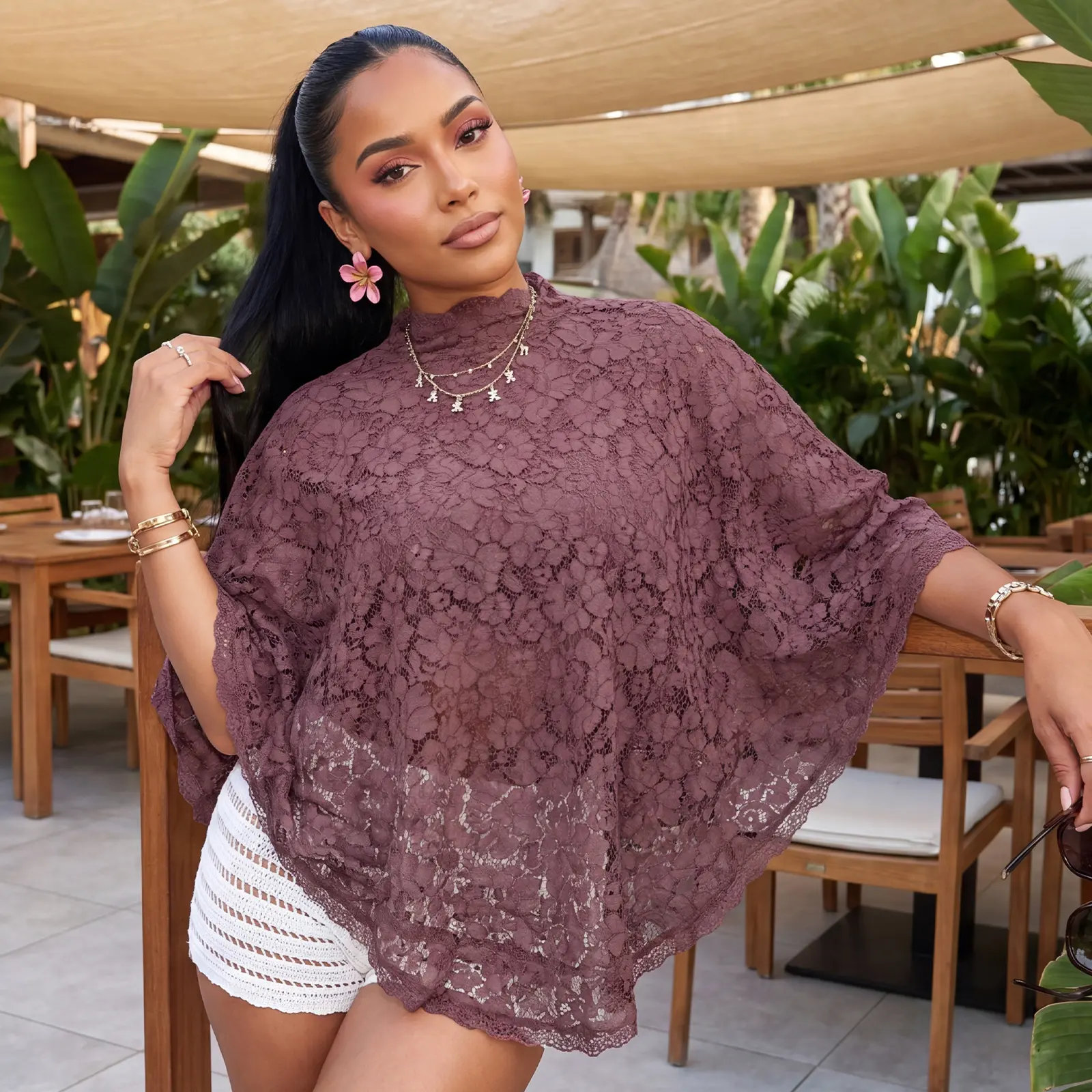 Women’s Lace Poncho Tops Asymmetrical Sleeve Mock Neck Solid Color Loose T-Shirts Blouses