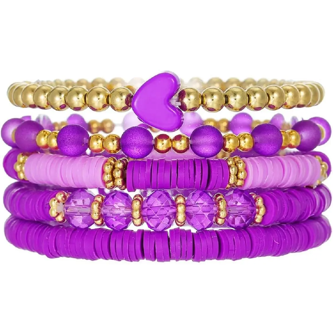Boho Surfer Bracelets Set, Colorful Clay Heishi Beads with Heart Accents - Stackable Stretch Bands for Women & Men, Beach Parties, Stackable Sets, Soft Synthetic, Unisex Wear, Elastic Fitting