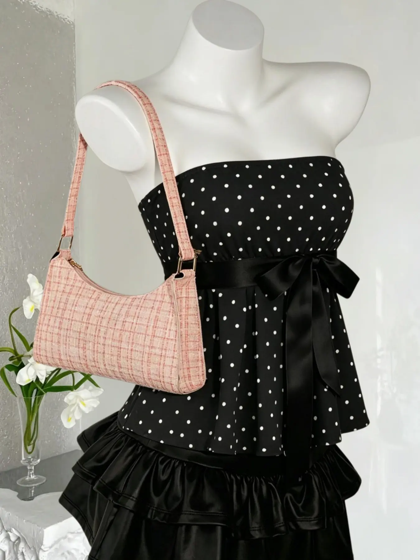 French Chic Strapless Polka Dot Bustier, Elegant Satin Bow Waistcoat, Daily Wear Concealing Top, Slim-Fitting Unlined Design