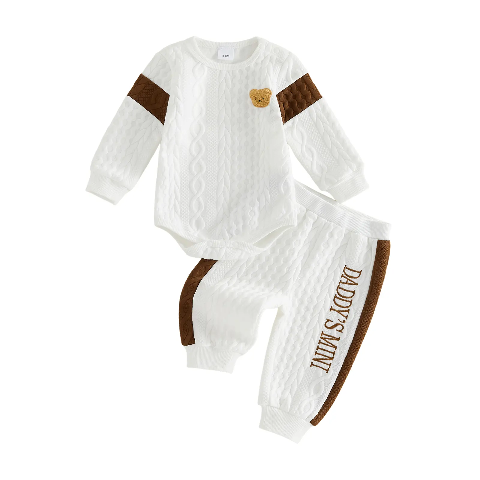 FOCUSNORM Infant Baby Boy Outfits Long Sleeve Bear Letter Embroidery Textured Romper With Pants 2Pcs Set 3-18M