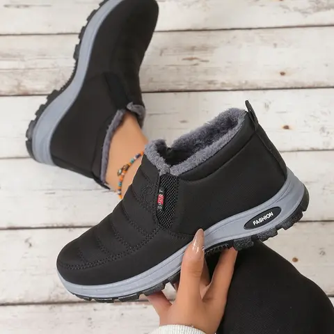 Unisex Winter Booties, Thickened Waterproof Anti-Slip Snow Boots, Cotton Fabric Slip-On Shoes, Casual Round Toe Short Boots, Winter Warm Shoes