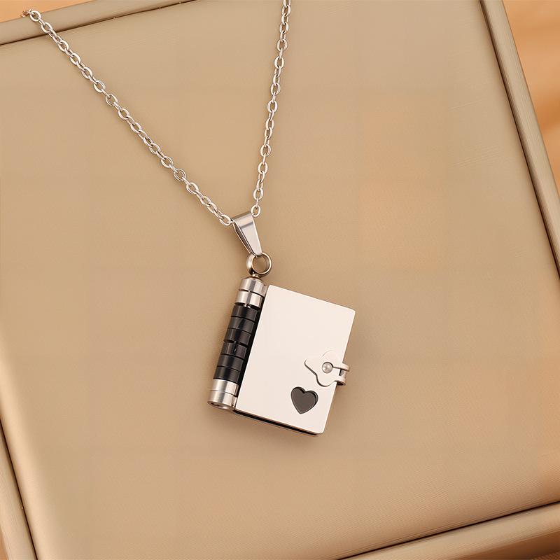 Mothers Day Gift Titanium Steel Necklace for Women, Openable Book Locket Love Letter Pendant Personality Temperament Clavicle Chain