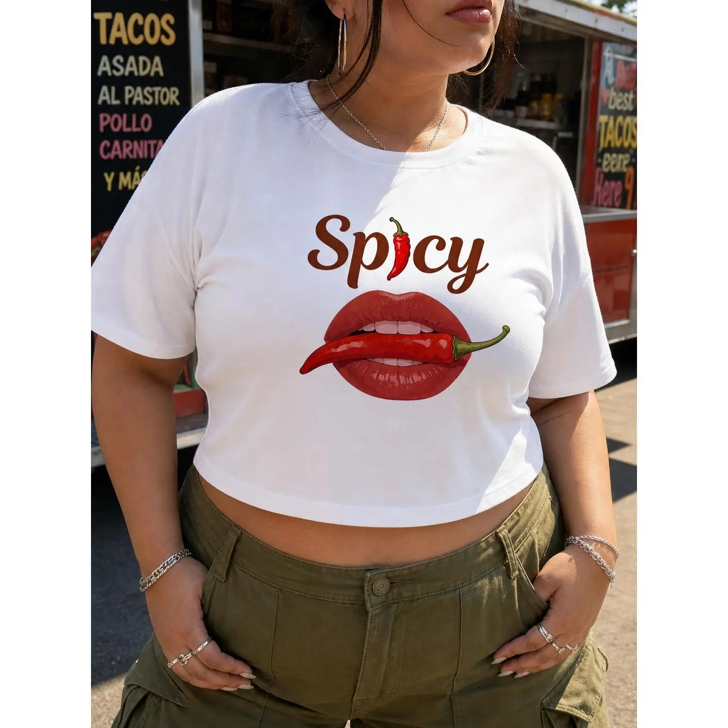 Women's Pure Cotton Short-Sleeve Round-Neck Spicy Lips Chili Pepper Graphic Crop Top, Plus Size Casual Top, Back-to-School Halloween Gift