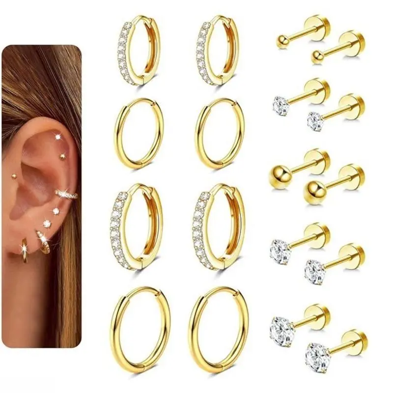 Stainless Steel Earrings Set, Minimalist Hypoallergenic Studs & Hoop Mix for Men & Women, Tarnish-Free Indie Style Piercing Jewelry, Graduation, Siblings, Stud Earrings, Hoop Earrings