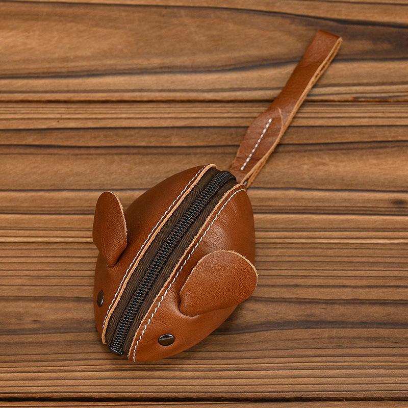 Unisex Crazy Horse Leather Card Holder & Coin Purse | Genuine Cowhide Mini Wallet, Cute Mouse Animal Design, Zipper Closure Slim Card Case, Durable Lightweight EDC Pocket Wallet for Daily Casual Use