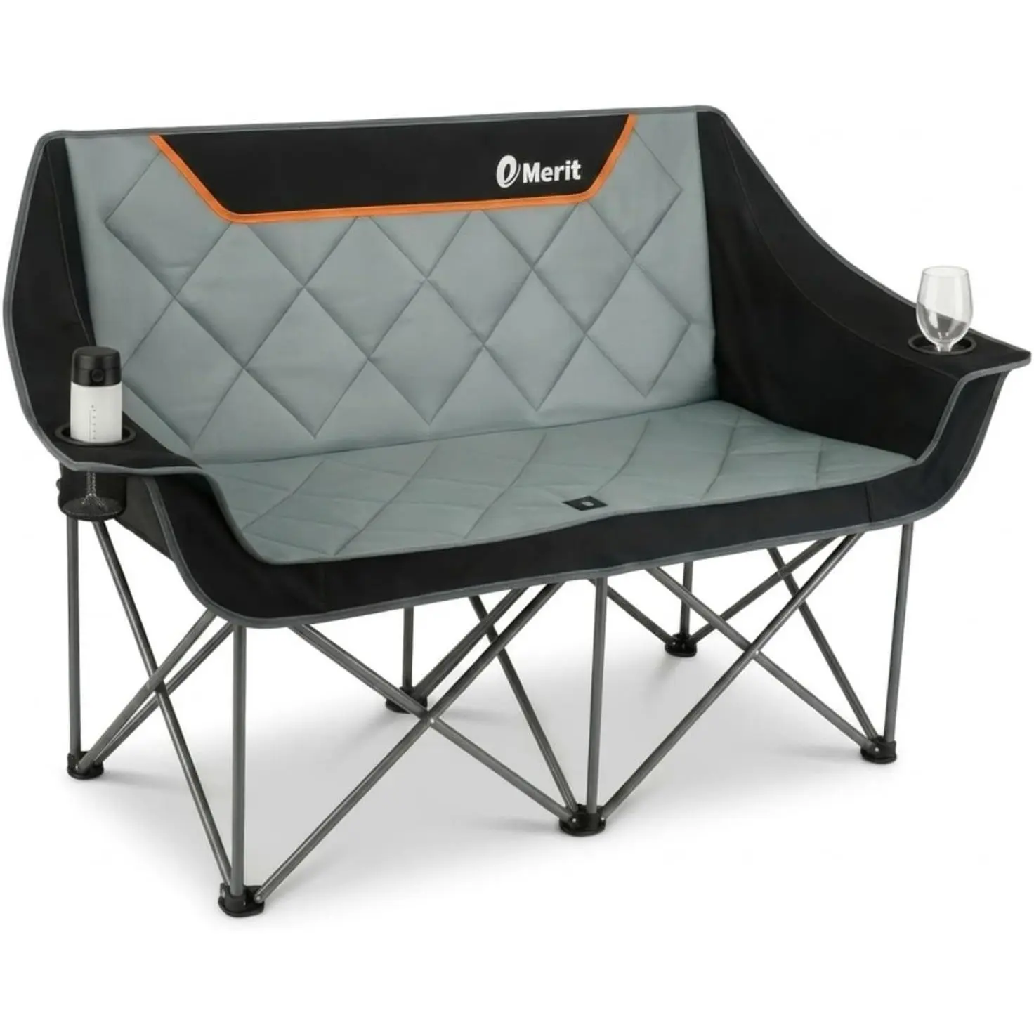 EMERIT Oversized Fully Padded Camping Chair, Heavy Duty 650LB Folding Camping Loveseat, Quad Fold Double Camping Couch with Cup Holders & Carry Bag for Outdoor, Lawn, Sports Events Black