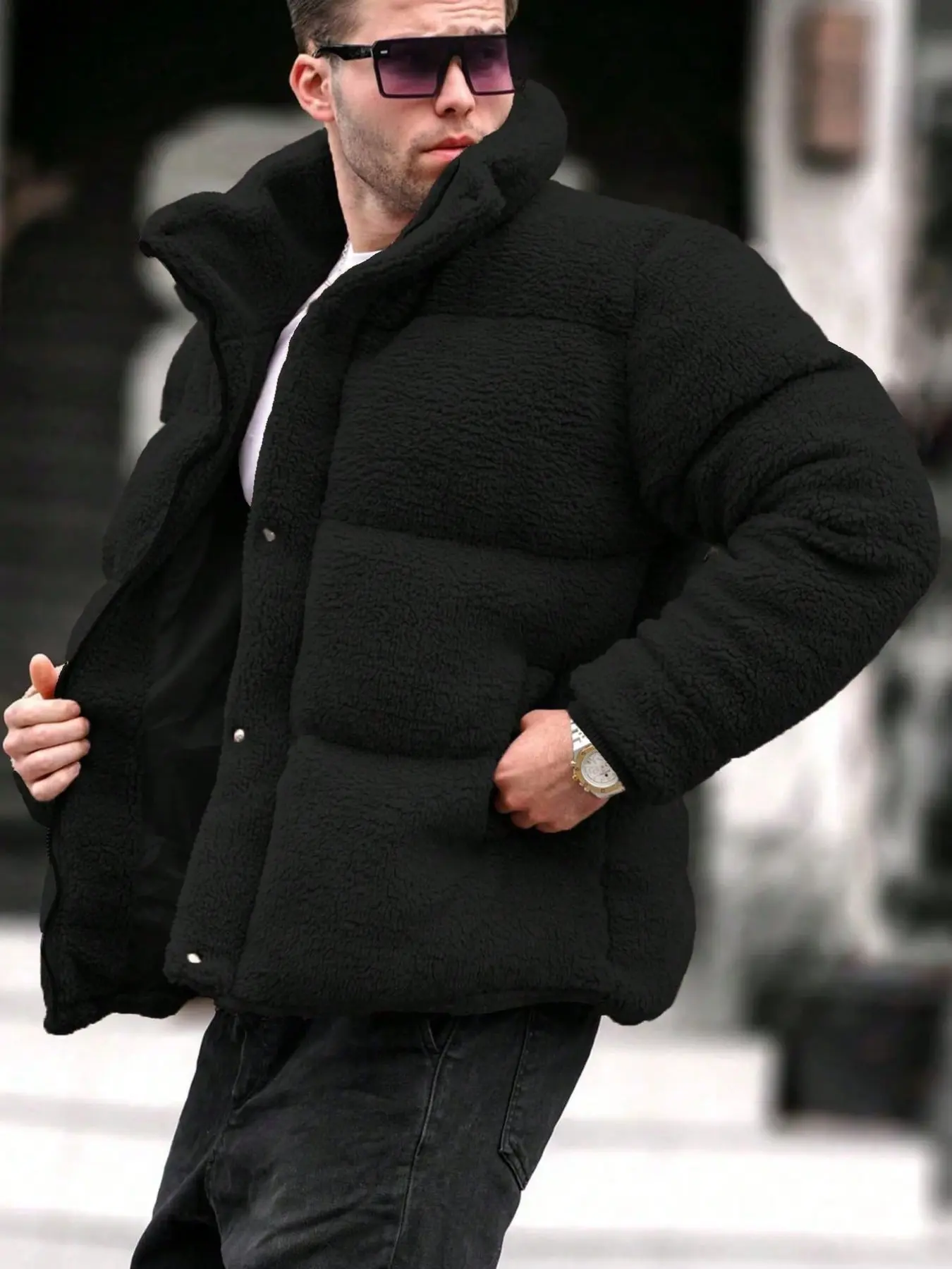Men's Loose Fit Long Sleeve Button Front Teddy Fleece Jacket, Winter Coat, Down Cotton Outerwear, Suitable for Fall & Winter