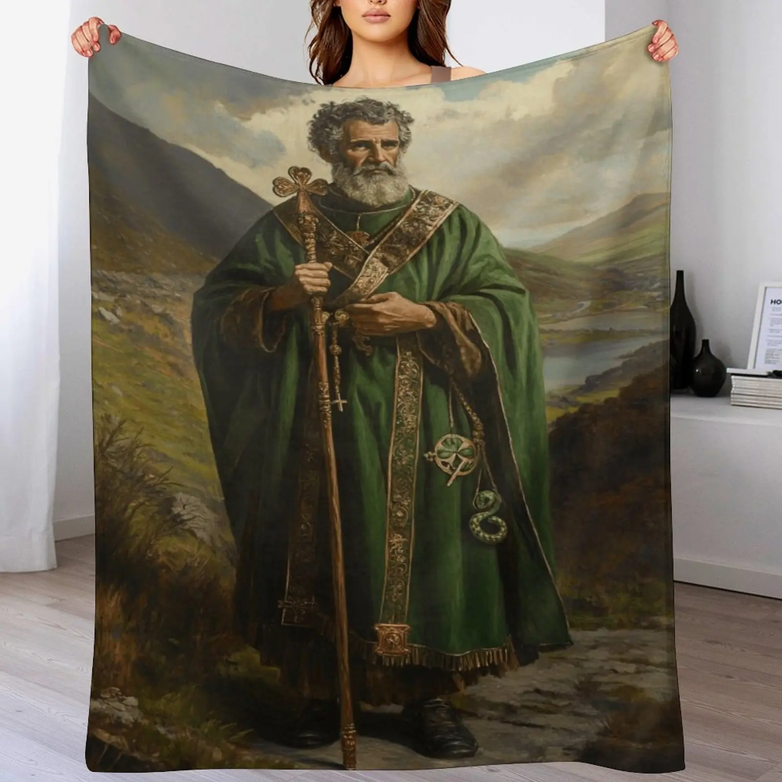 Saint Patrick Vintage Oil Painting Cozy Flannel Throw Blanket, Soft Warm Decorative Blanket for Couch Bedroom, Irish Catholic Themed Gift