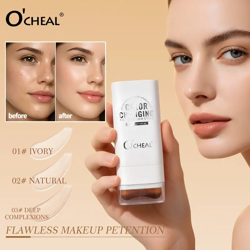 Color Changing Foundation Stick with M-Shaped Brush, Temperature-Activated, Moisturizing, Flawless Coverage, Natural Glow, Ivory/natural/deep Complexions