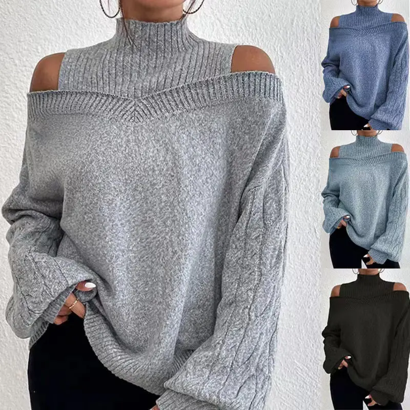 New Autumn and Winter Off-Shoulder Half-Turtleneck Sweater for Women, Loose Knitwear